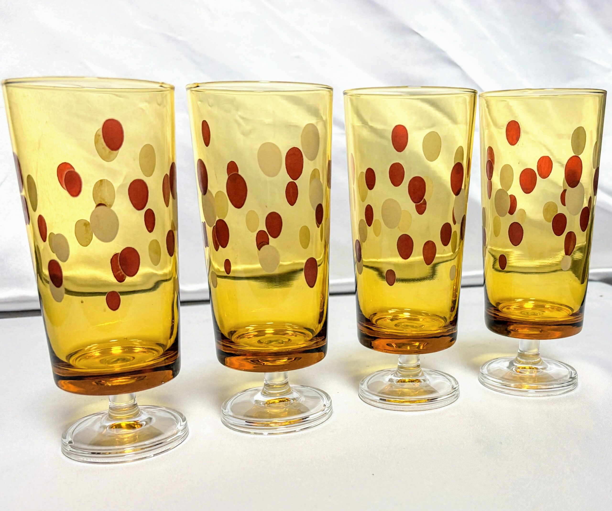 アデリア 脚付きグラス4個 アンバー水玉柄 当時物保管品 程度良し - 画像 (4)