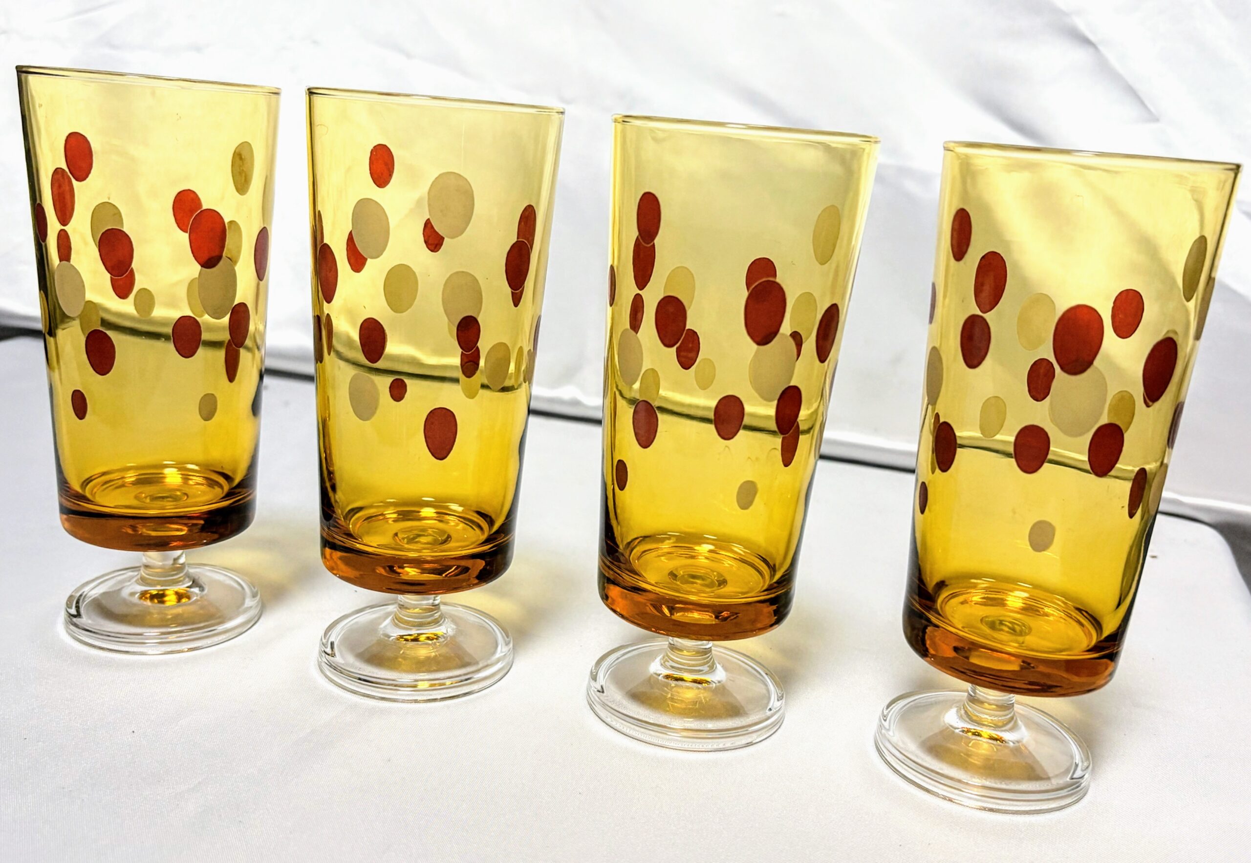 アデリア 脚付きグラス4個 アンバー水玉柄 当時物保管品 程度良し - 画像 (5)
