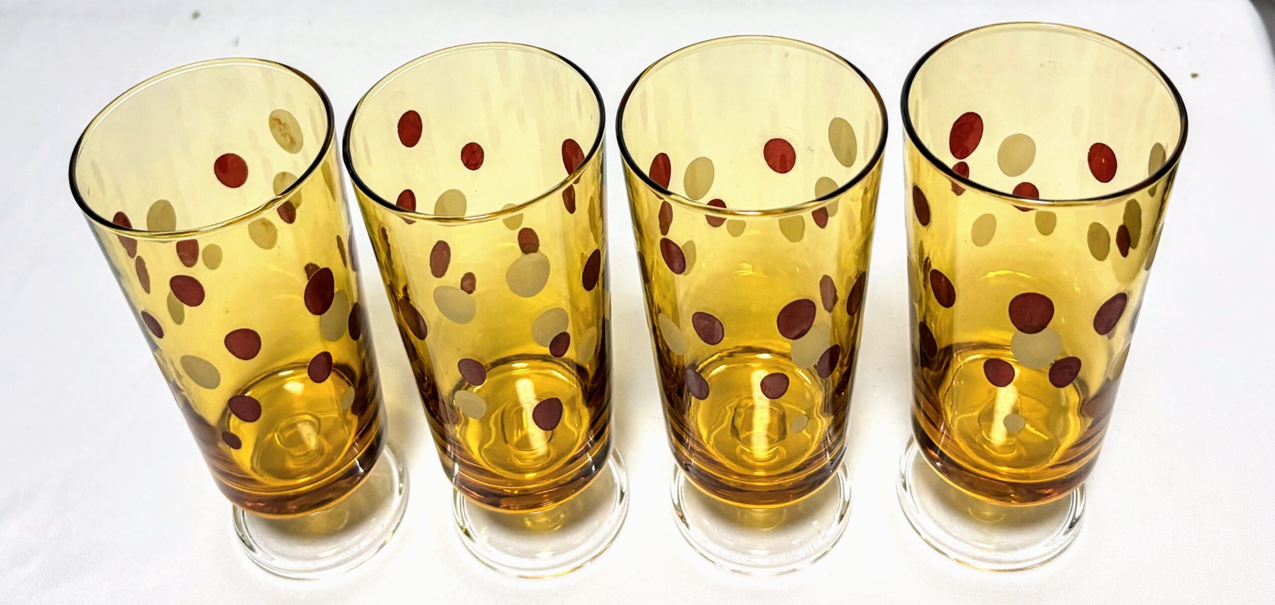 アデリア 脚付きグラス4個 アンバー水玉柄 当時物保管品 程度良し - 画像 (6)