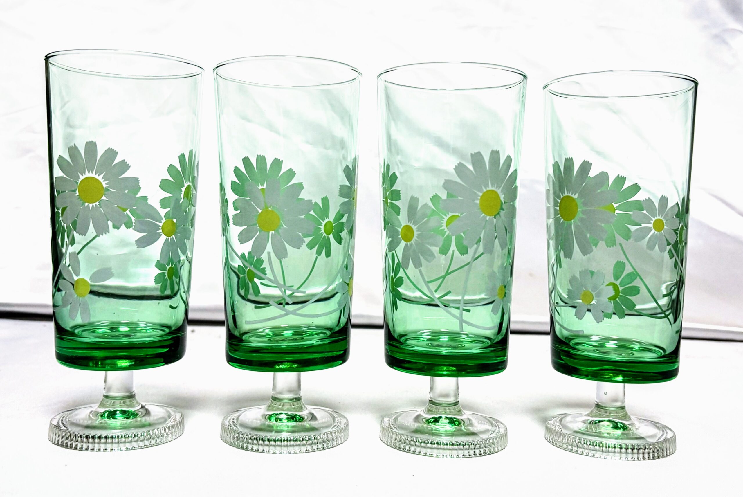 アデリア　脚付きグラス4個　グリーン野ばな　当時物保管品　程度良し - 画像 (2)