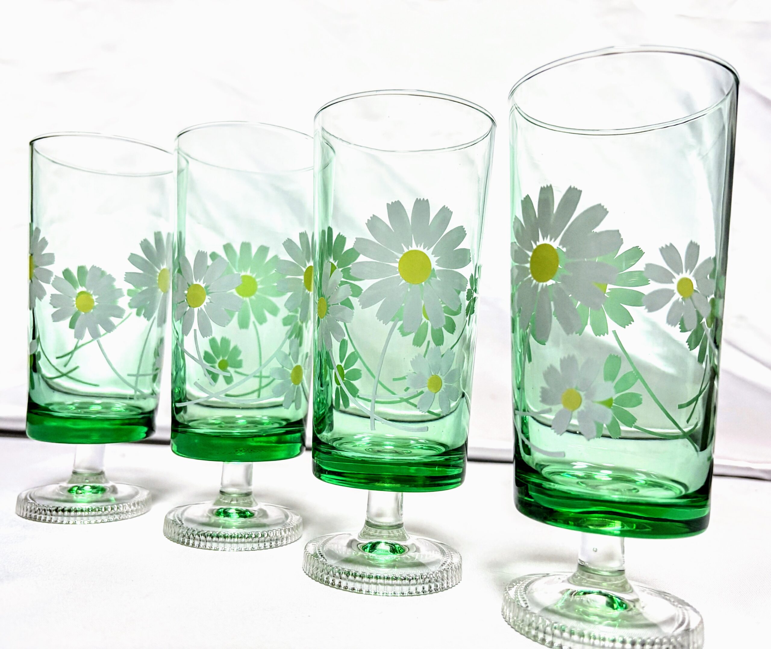 アデリア　脚付きグラス4個　グリーン野ばな　当時物保管品　程度良し - 画像 (3)