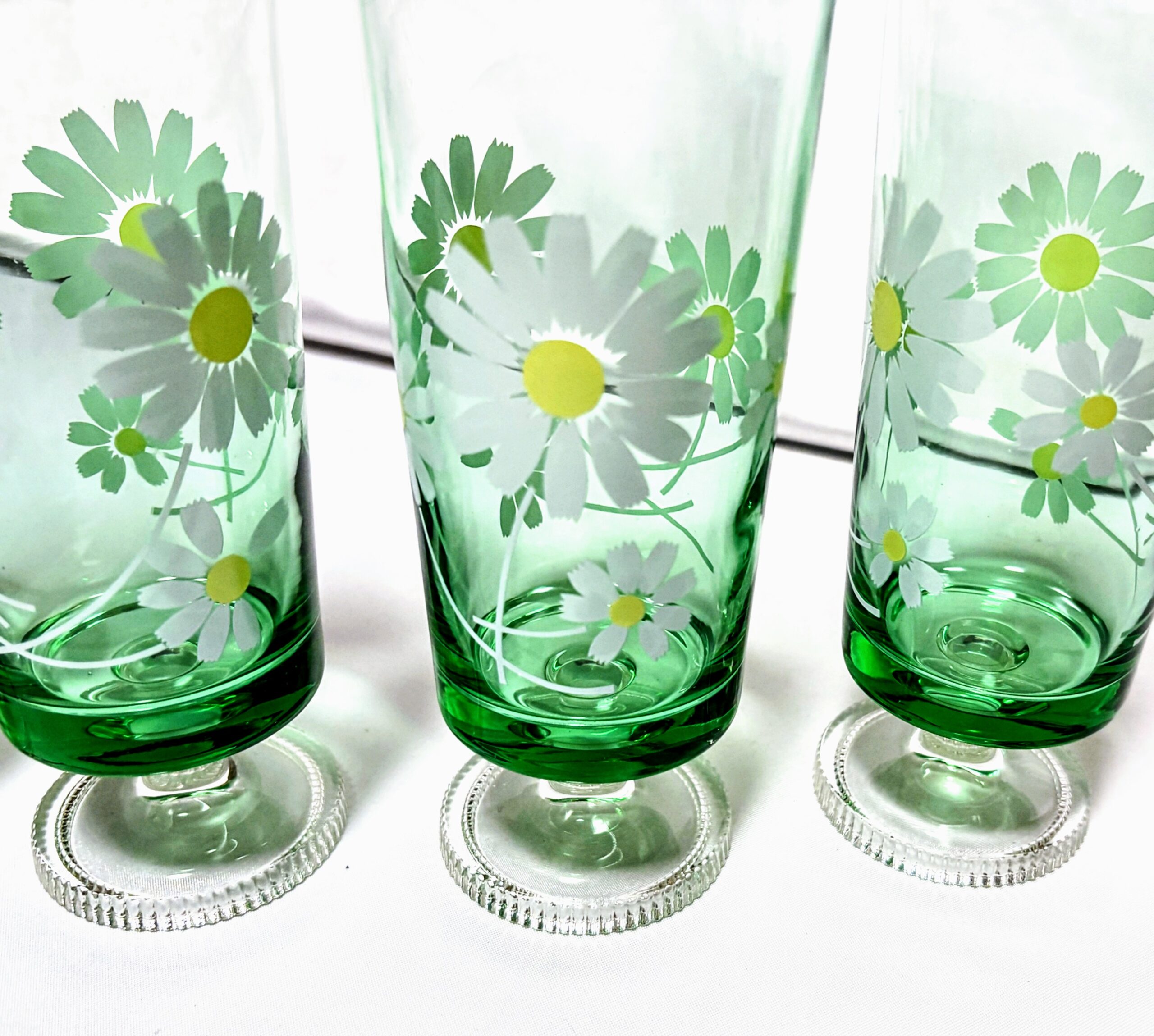 アデリア　脚付きグラス4個　グリーン野ばな　当時物保管品　程度良し - 画像 (5)