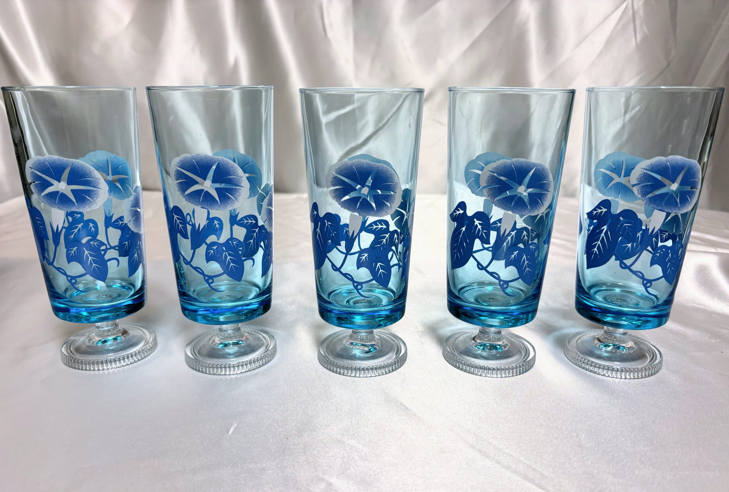 アデリア 脚付きグラス6個 ブルー 朝顔 当時物保管品 程度良し - 画像 (3)