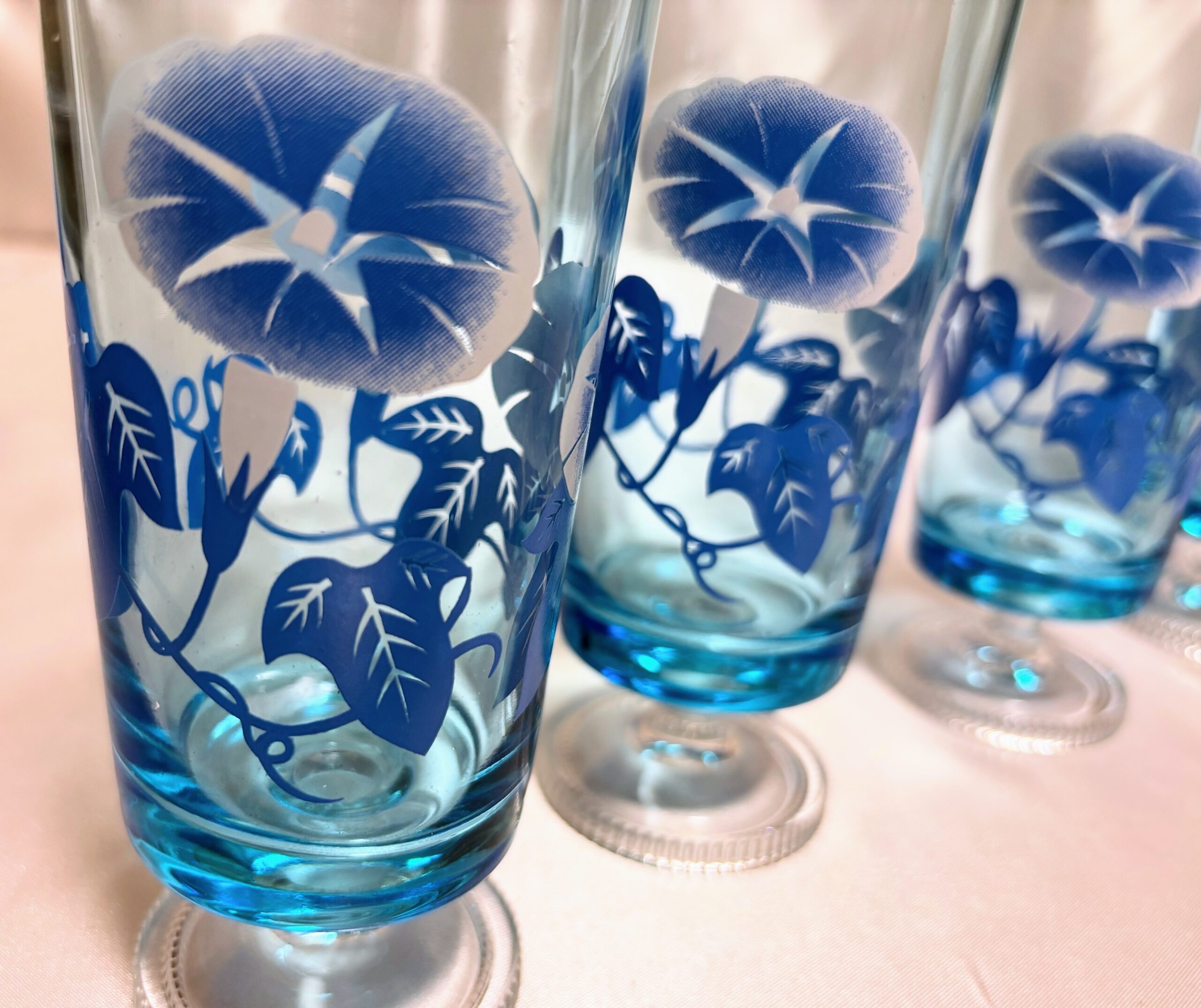 アデリア 脚付きグラス6個 ブルー 朝顔 当時物保管品 程度良し - 画像 (5)