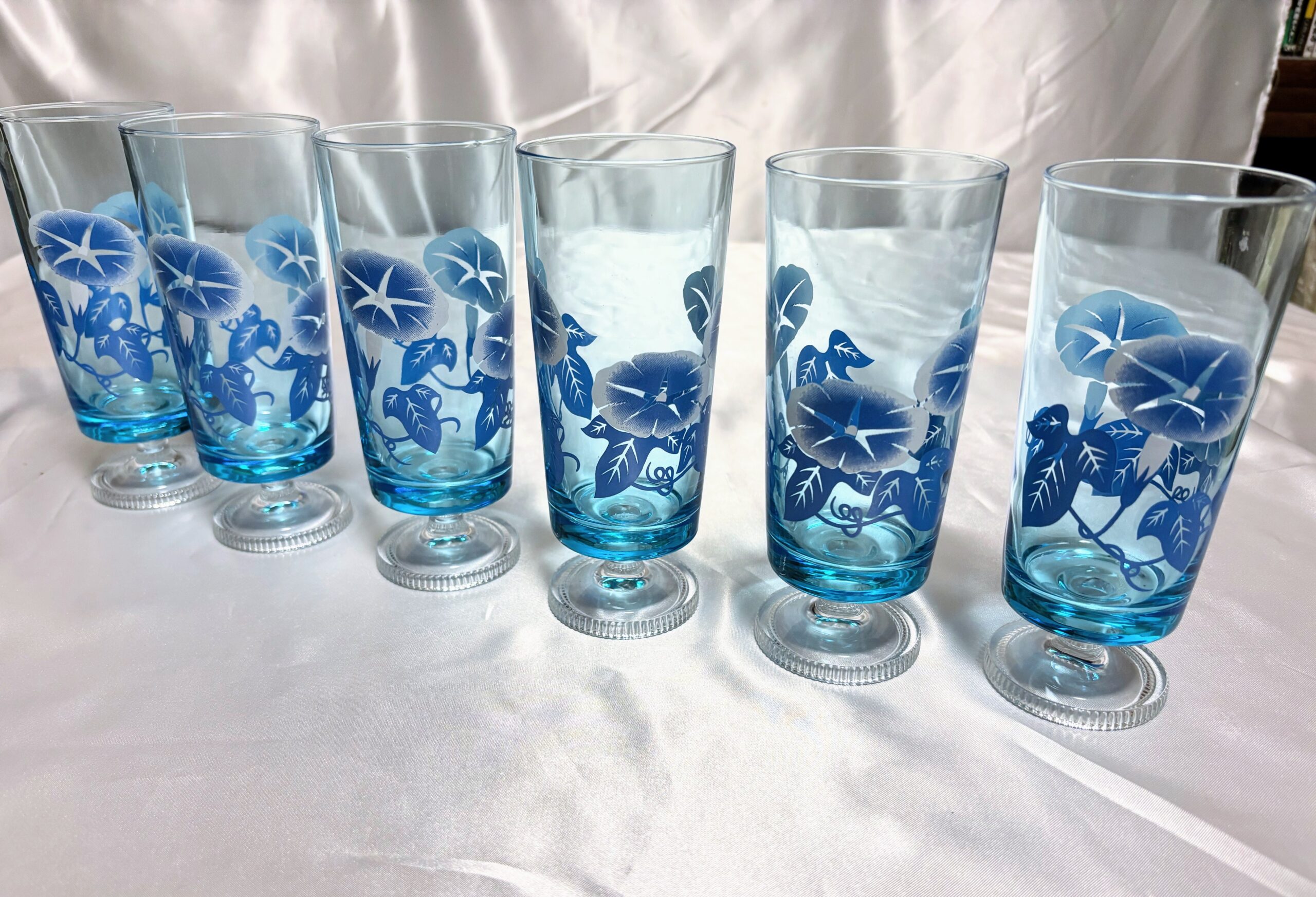 アデリア 脚付きグラス6個 ブルー 朝顔 当時物保管品 程度良し - 画像 (7)
