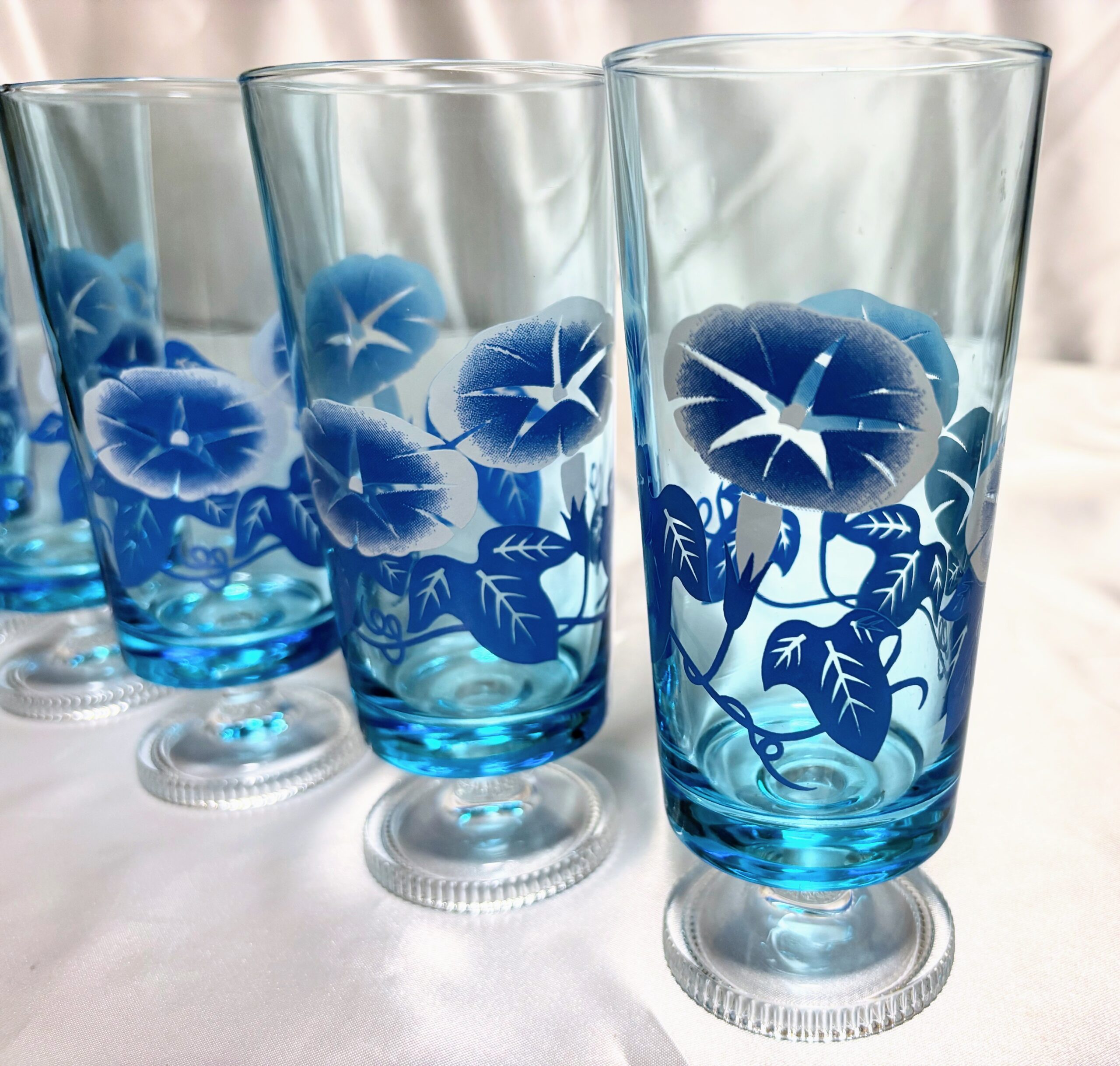 アデリア 脚付きグラス6個 ブルー 朝顔 当時物保管品 程度良し - 画像 (8)